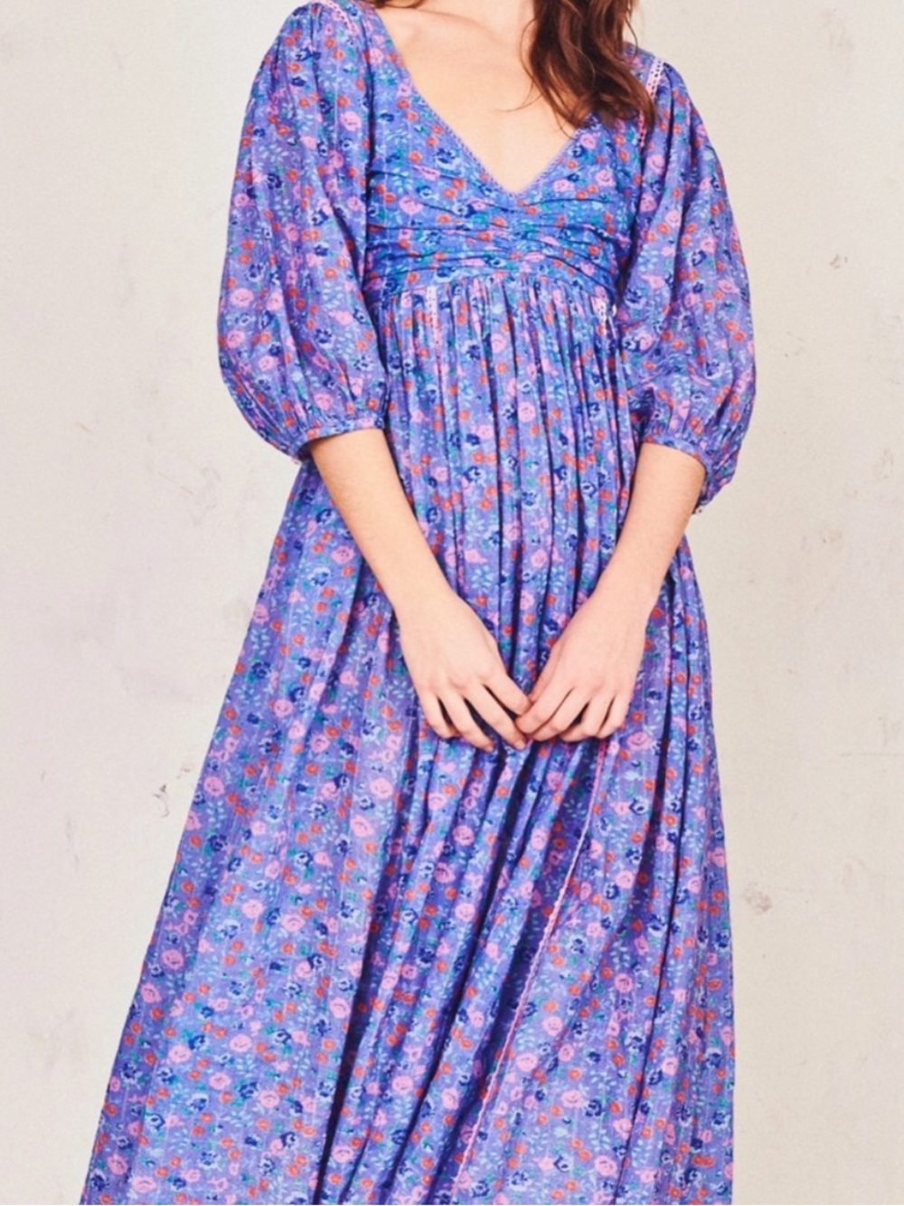 LoveShackFancy Blue Lavender Floral Empire Maxi Dress